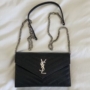 Saint Laurent Black Leather Envelope Crossbody with Silver Hardware